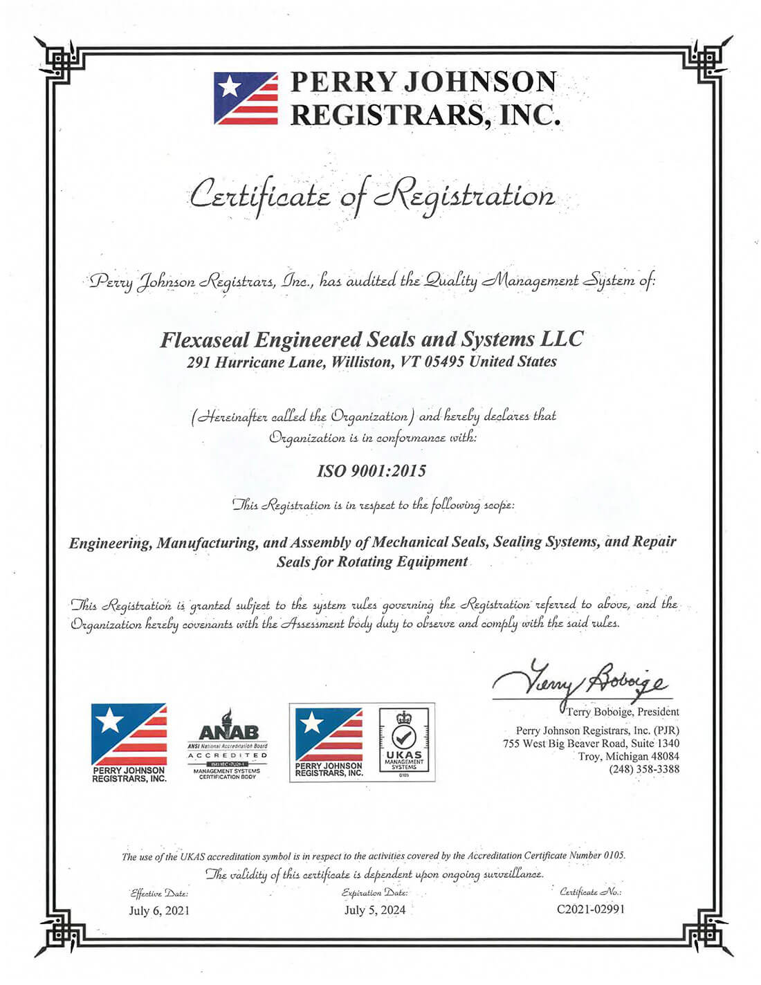 Flexaseal ISO9001-2015 Certification